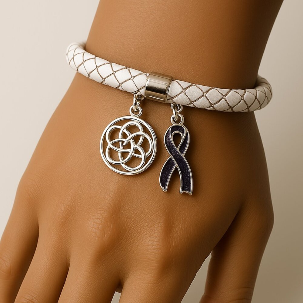 Leather White Braided Bracelet – Silver tone Ribbon & Celtic Knot Style Charms